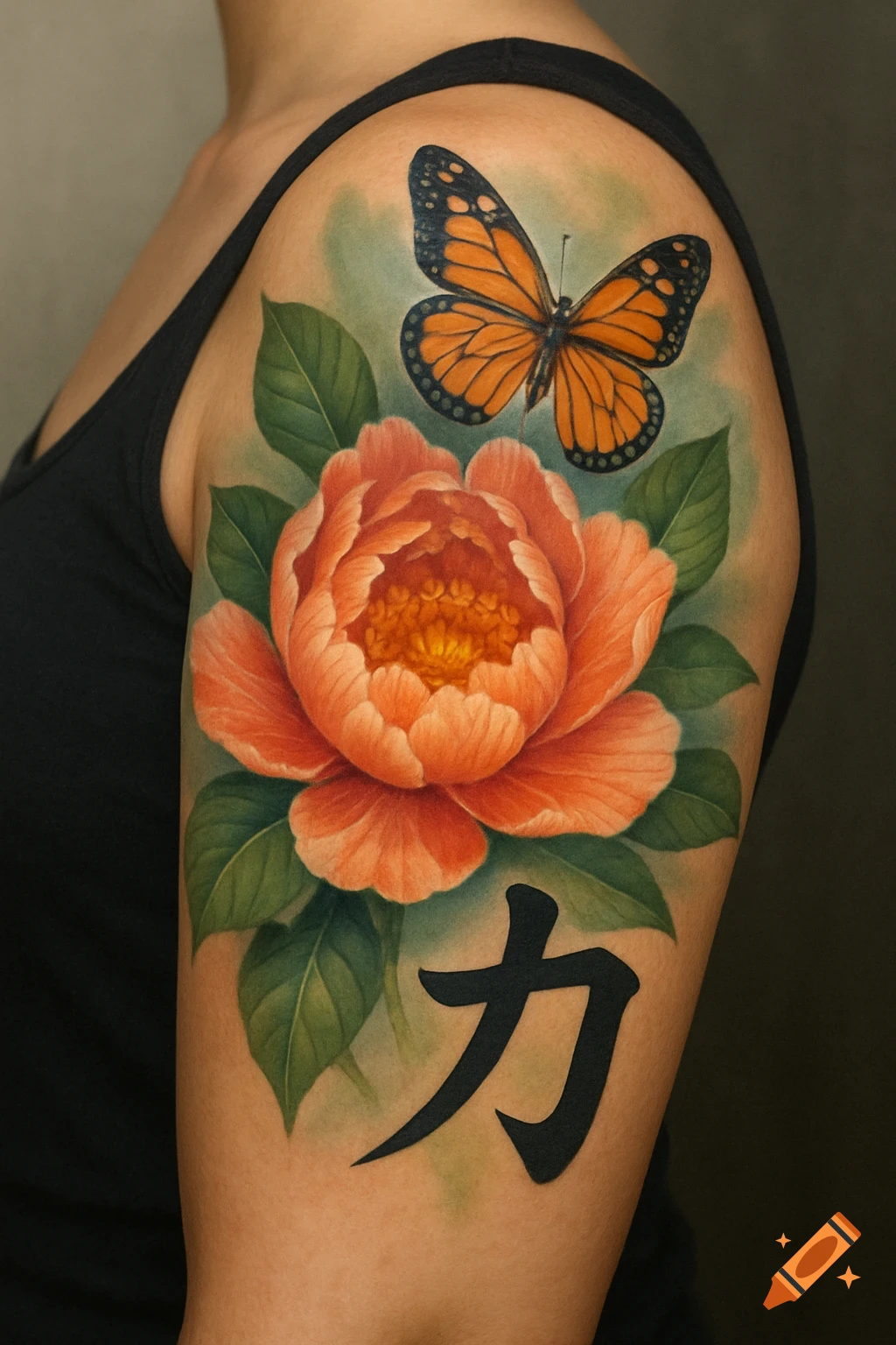 Realistic tattoo of an orange peony flower, butterfly, and a Japanese character on an upper arm.