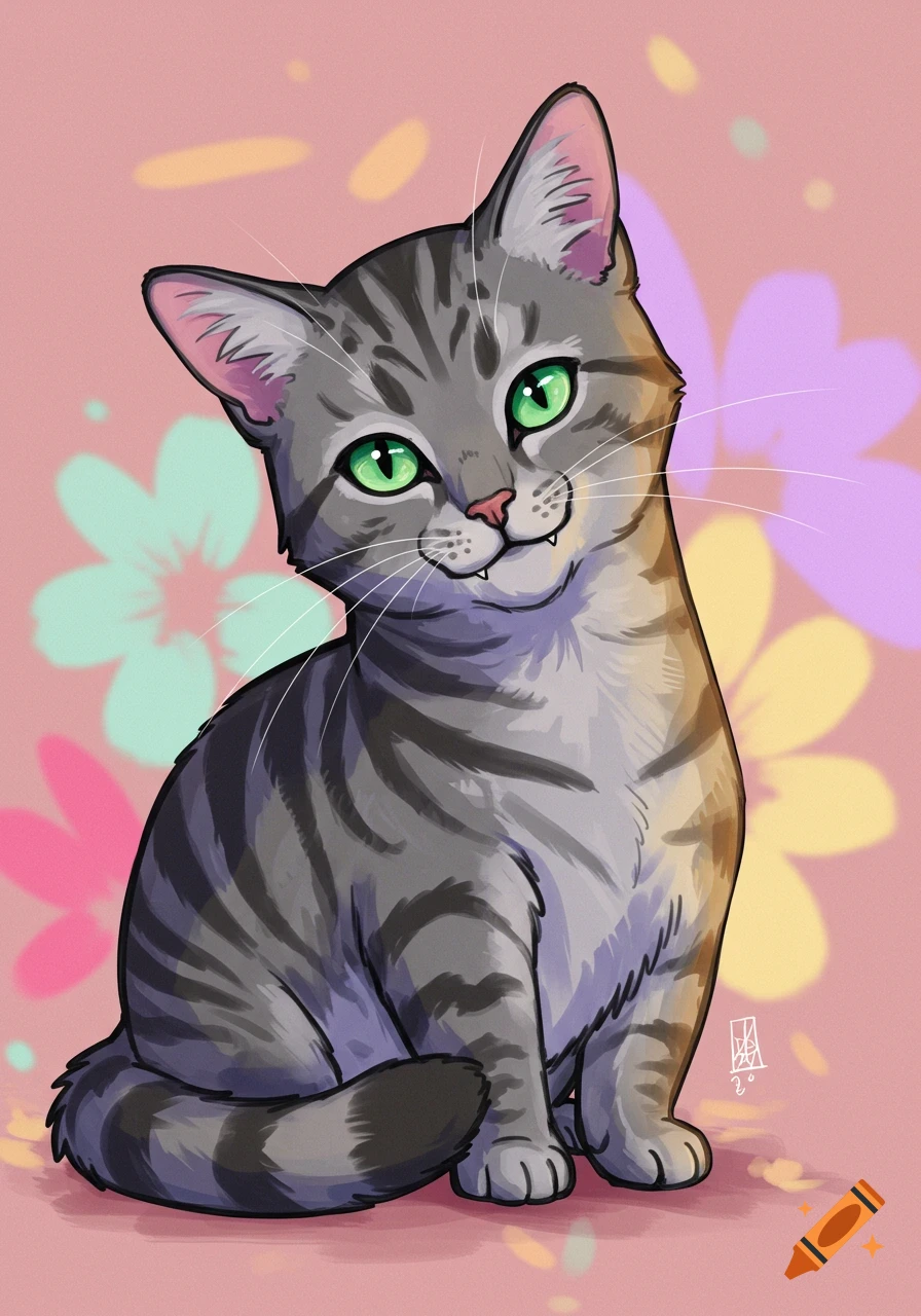 Cartoon illustration of a grey tabby cat with green eyes sitting on a ...