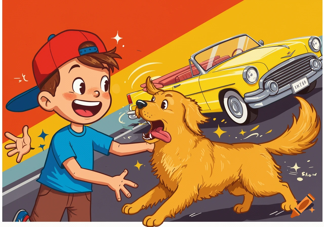 Cartoon boy playing with a golden retriever near a yellow convertible car in a dynamic, retro style.