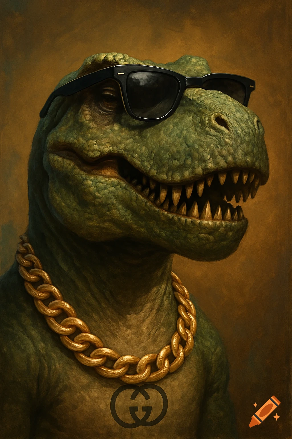 A T-Rex wearing sunglasses, a gold chain, and a Gucci logo tattoo on its chest, rendered in a detailed painting style.