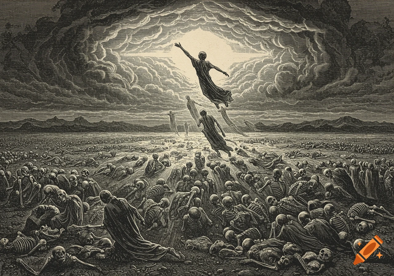Woodcut art of figures and skeletons rising from the earth towards a stormy sky, with figures ascending