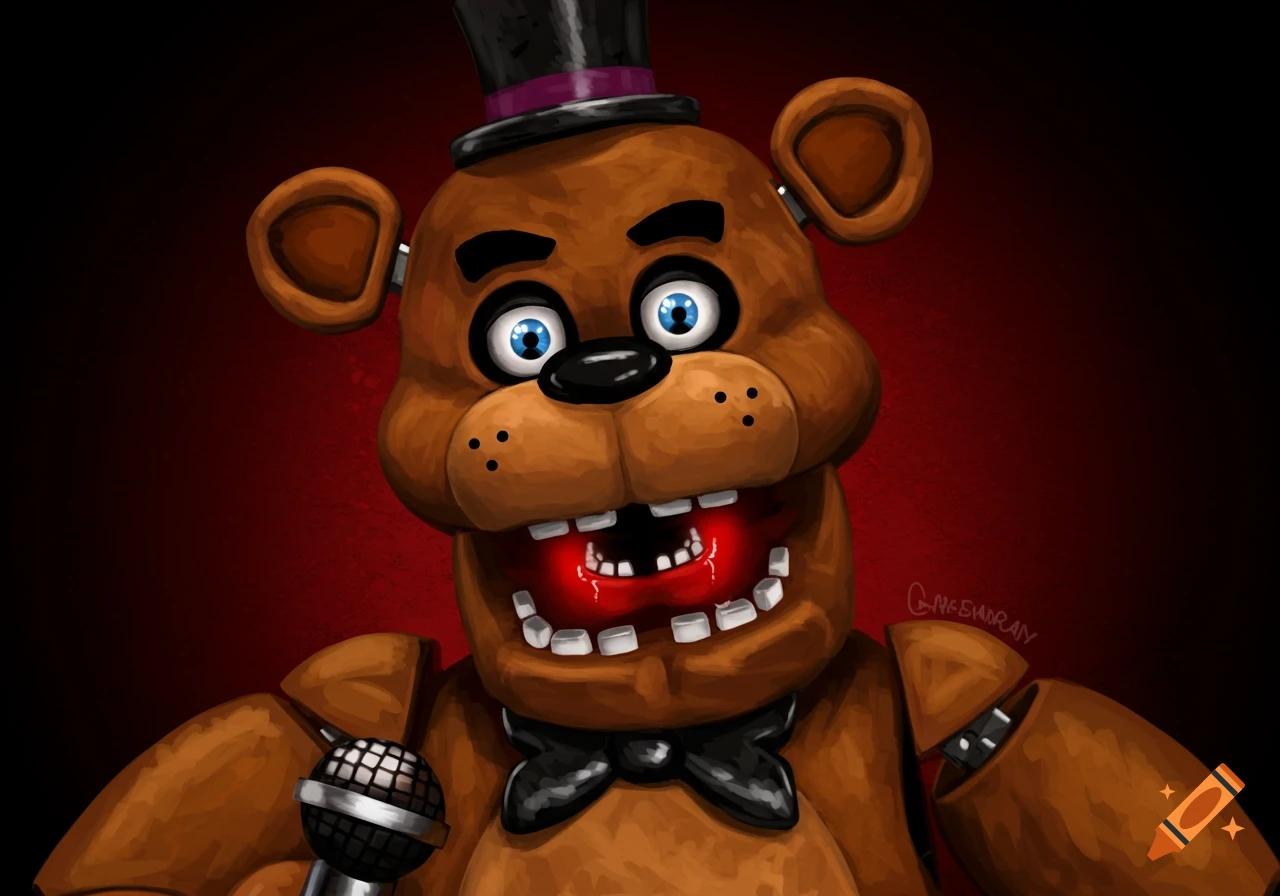 Close-up portrait of Freddy Fazbear from Five Nights at Freddy's, holding a microphone, against a red background.