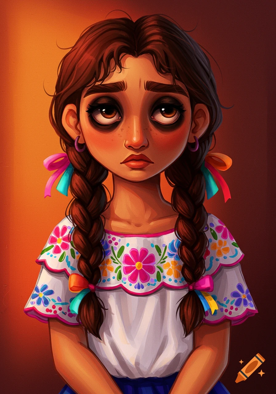 Illustration of a young girl with dark circles under her eyes, wearing a traditional embroidered Mexican blouse and braids.