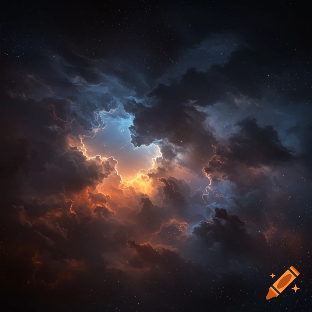 Dark storm clouds illuminated with vibrant orange and blue light in a starry space void.