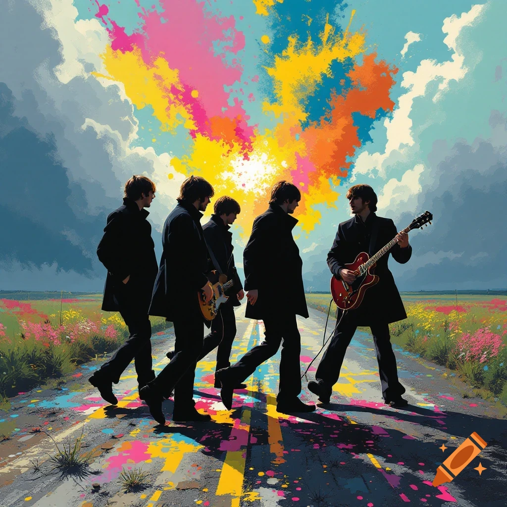 Four figures resembling The Beatles walk across a road