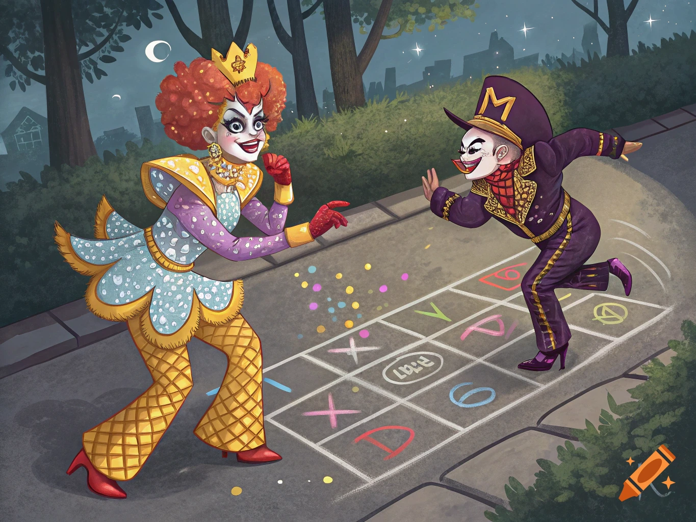 Two costumed figures play hopscotch on a street at night, illustration