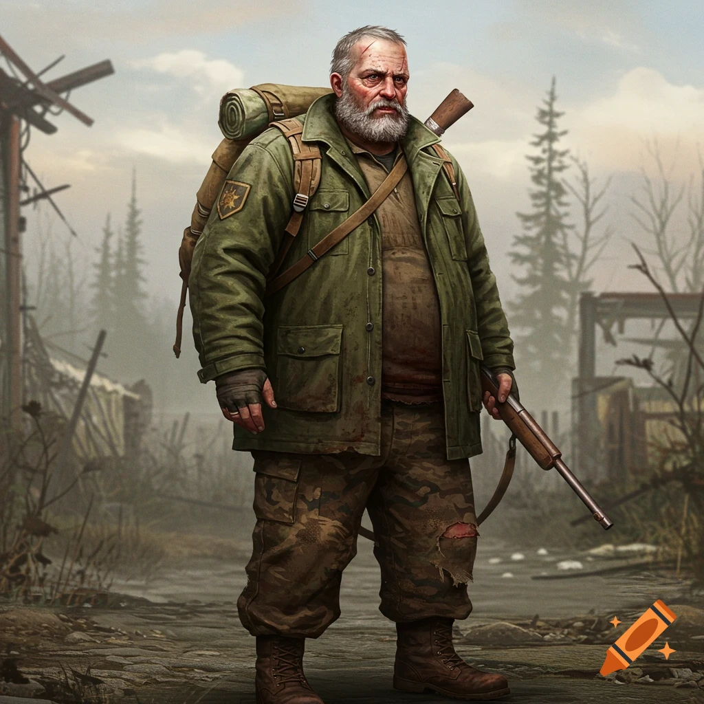 Chubby old man in survival gear holding a rifle in a post-apocalyptic setting.