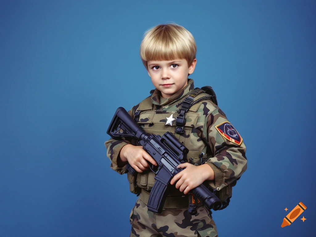 Young boy in a soldier costume holds a toy gun against a blue background.