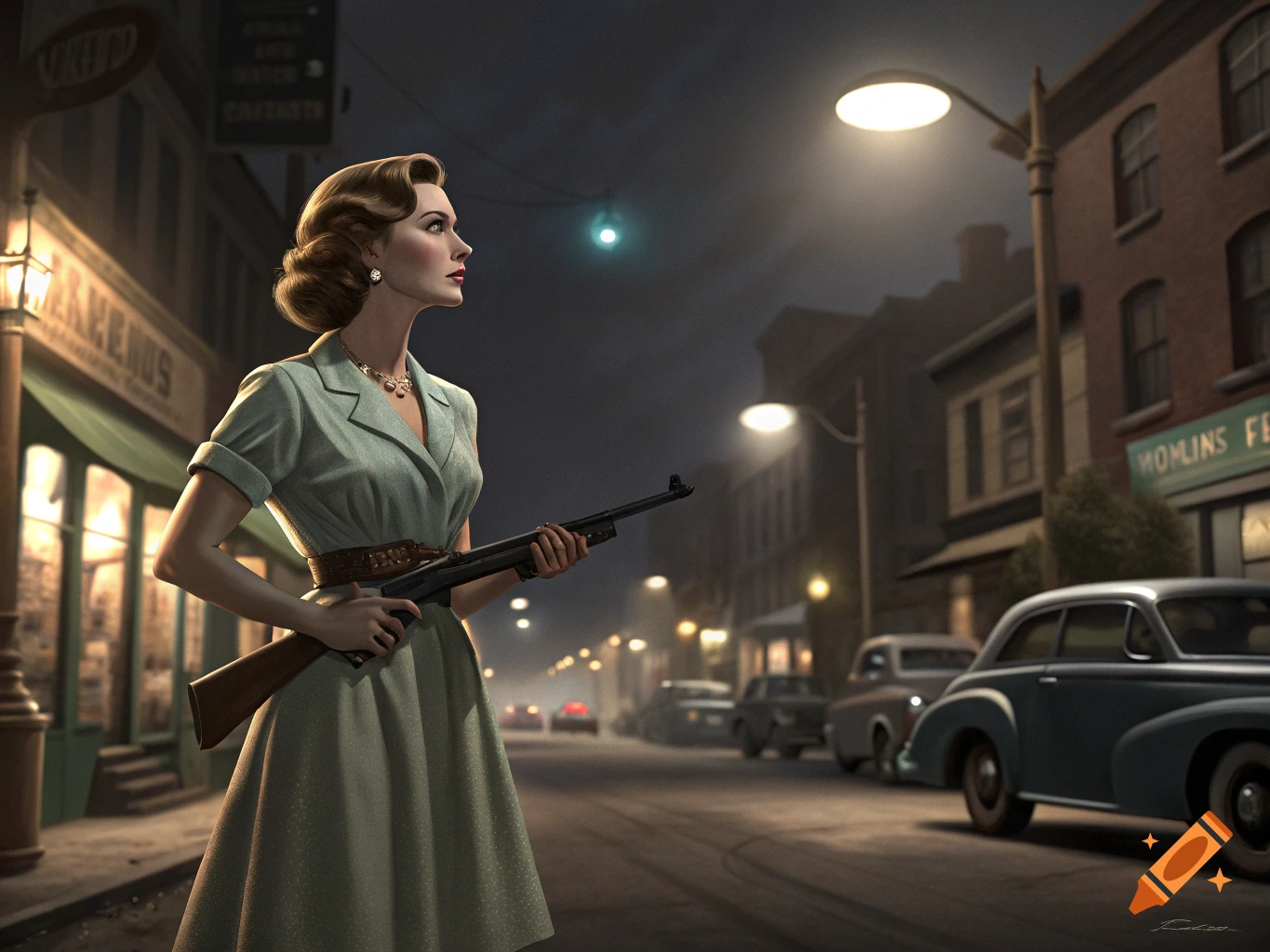 Woman in a dress holding a rifle on a 1950s city street at night.