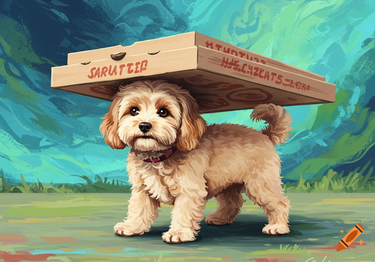 A fluffy Cavoodle dog balances a pizza box on its back in a painted outdoor scene.