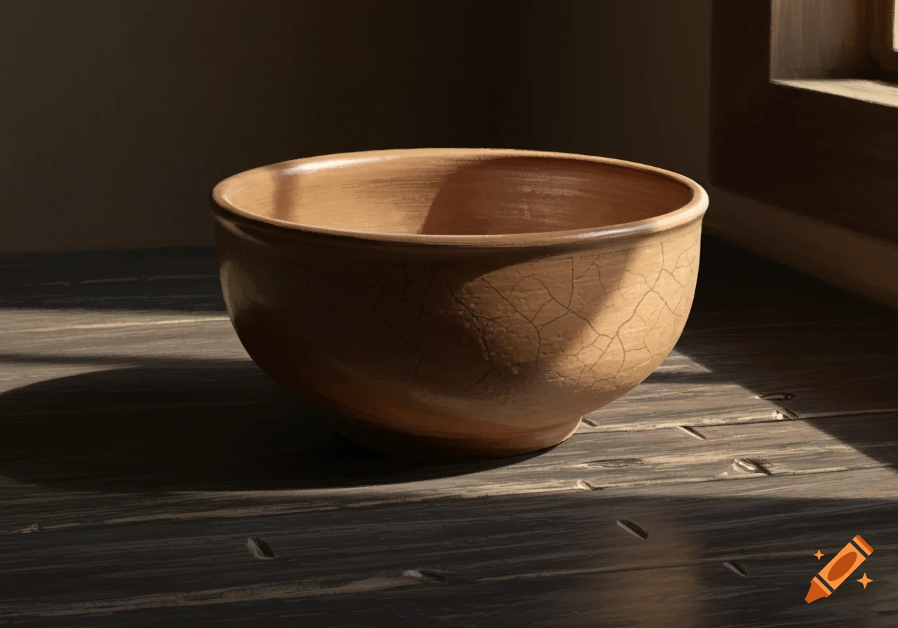 Digital painting of a ceramic bowl with crackle glaze on a wooden table, bathed in sunlight.