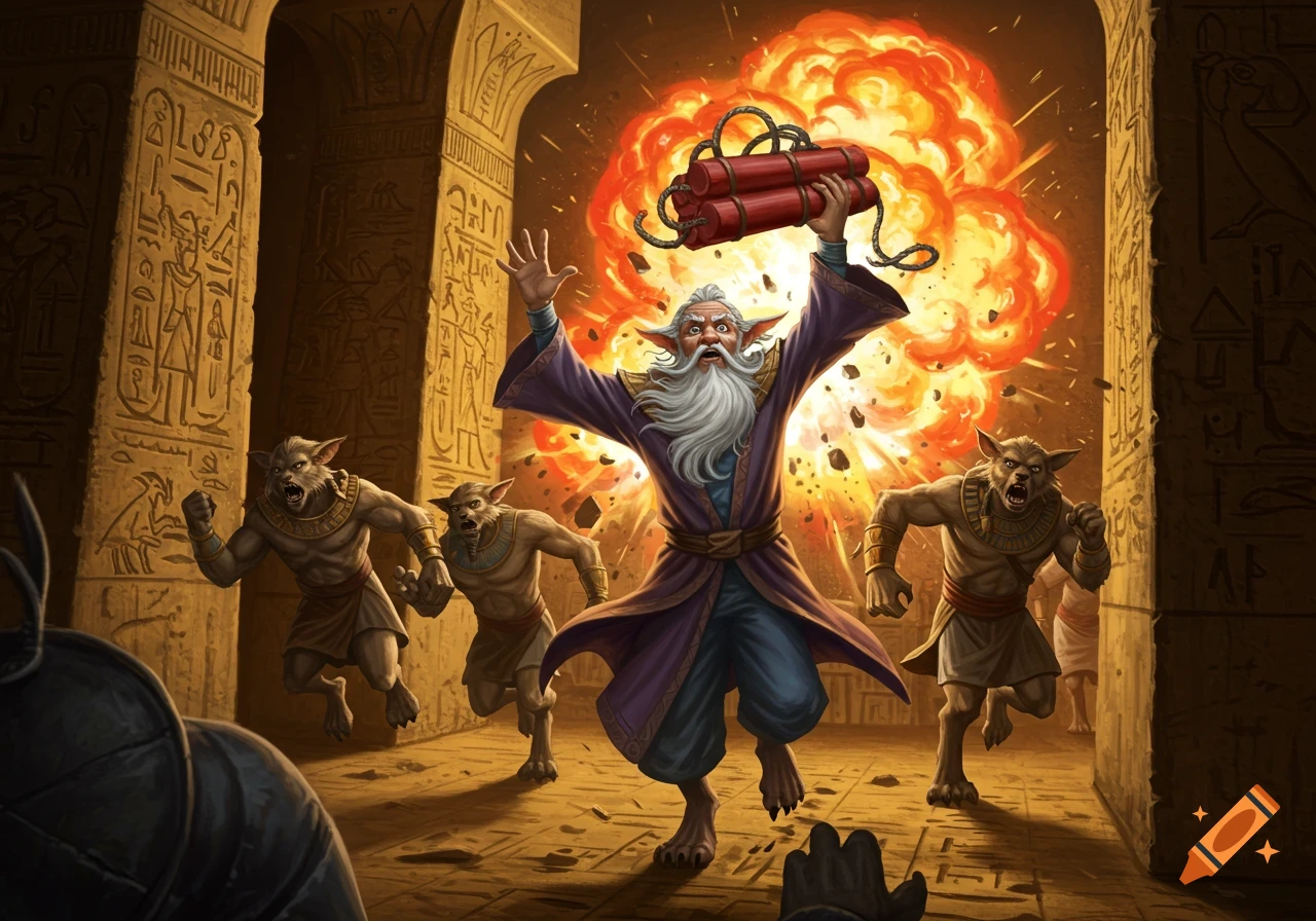 Fantasy illustration of a wizard with dynamite in an Egyptian tomb, with beast-men running from an explosion