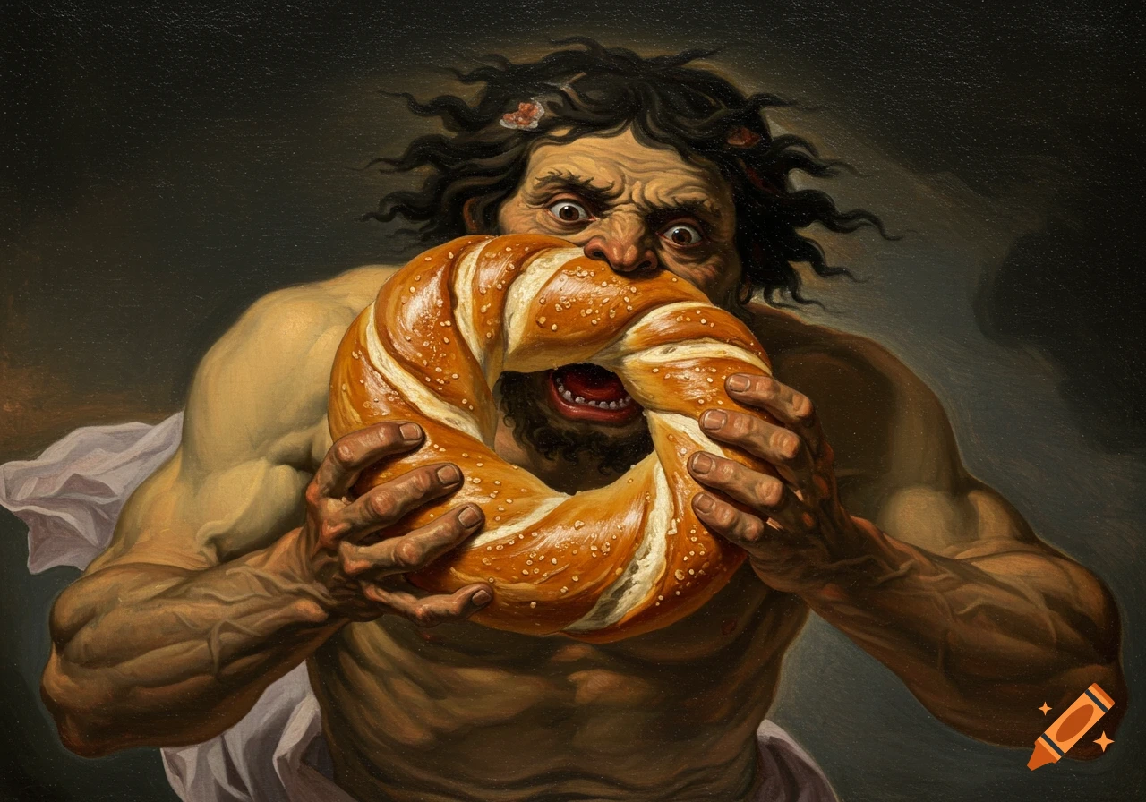 Grotesque figure biting into a giant bagel in a dark classical painting style.