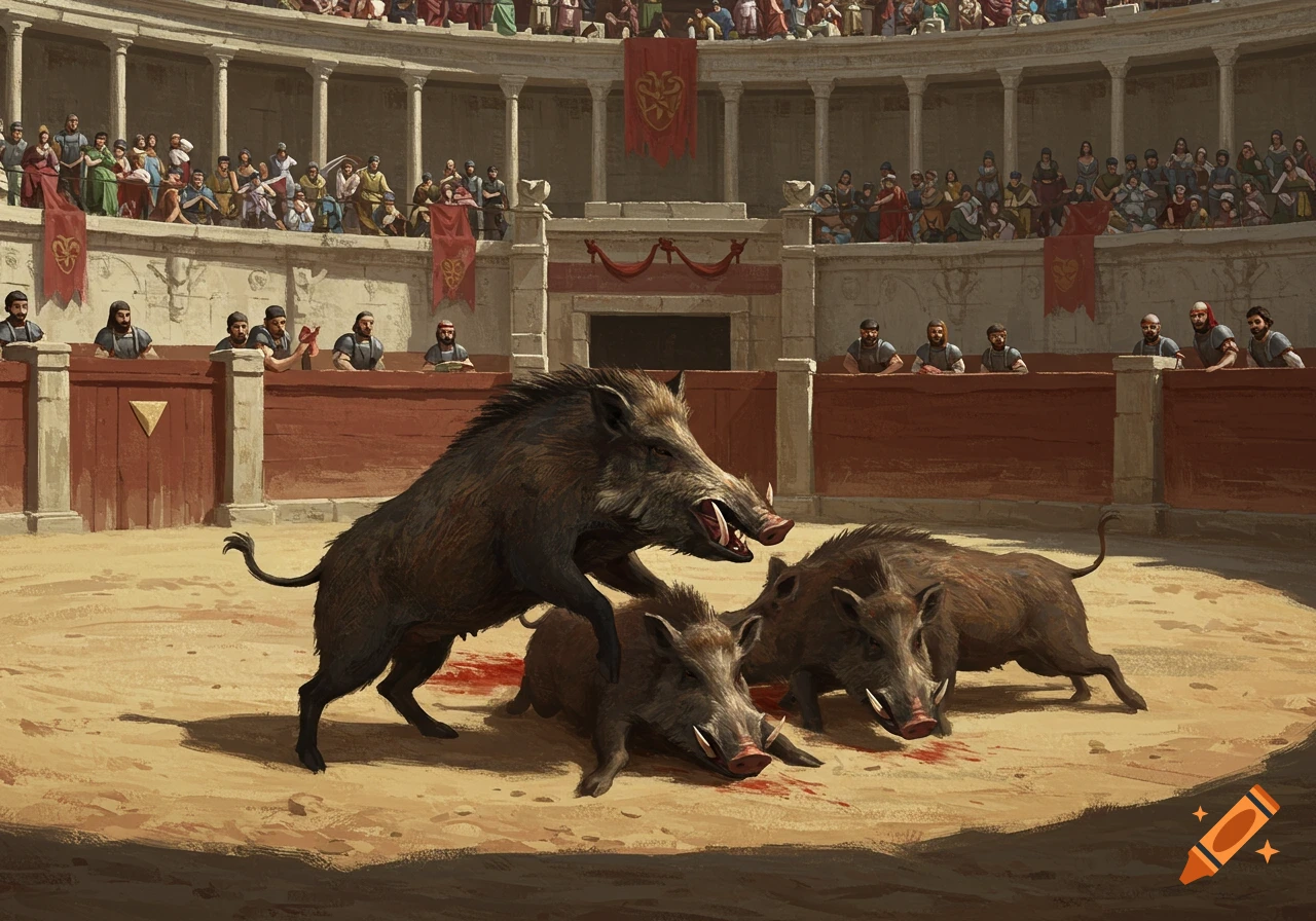 Painting of boars fighting in a historical arena with spectators.