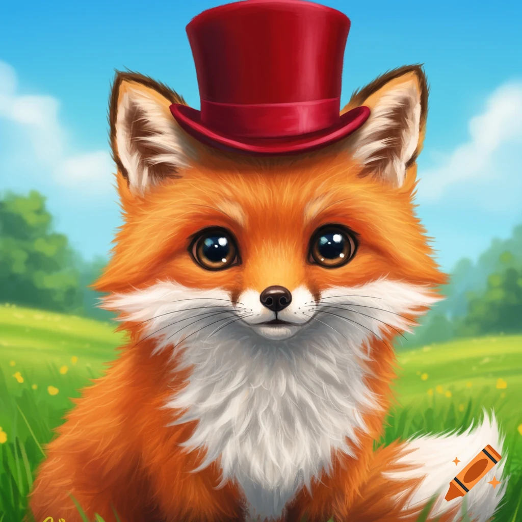 A cute fox wearing a red top hat sits in a grassy field.