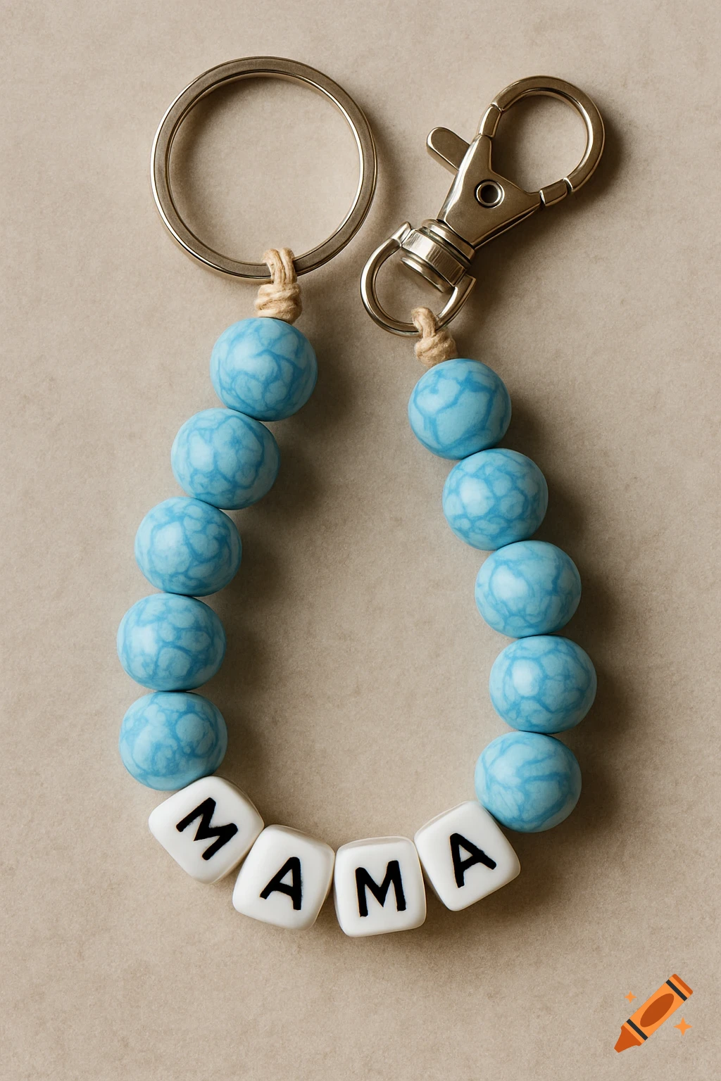 Beaded keychain spelling MAMA with blue patterned beads and metal clip.