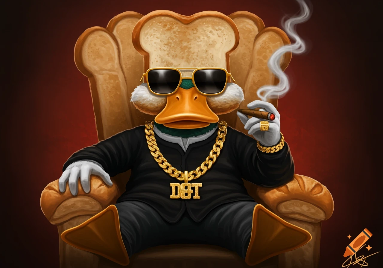 A cool cartoon duck in sunglasses, gold chain, and black suit sits on a bread throne, smoking a cigar, with a slice of bread on its head.