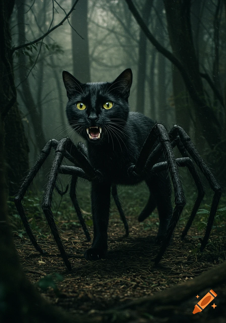 A black cat creature with spider legs stands in a dark forest.