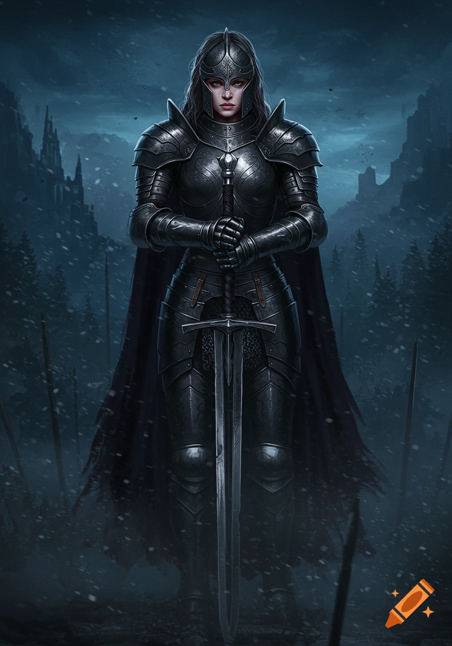 A female knight in black armor holding a greatsword in a snowy fantasy landscape.