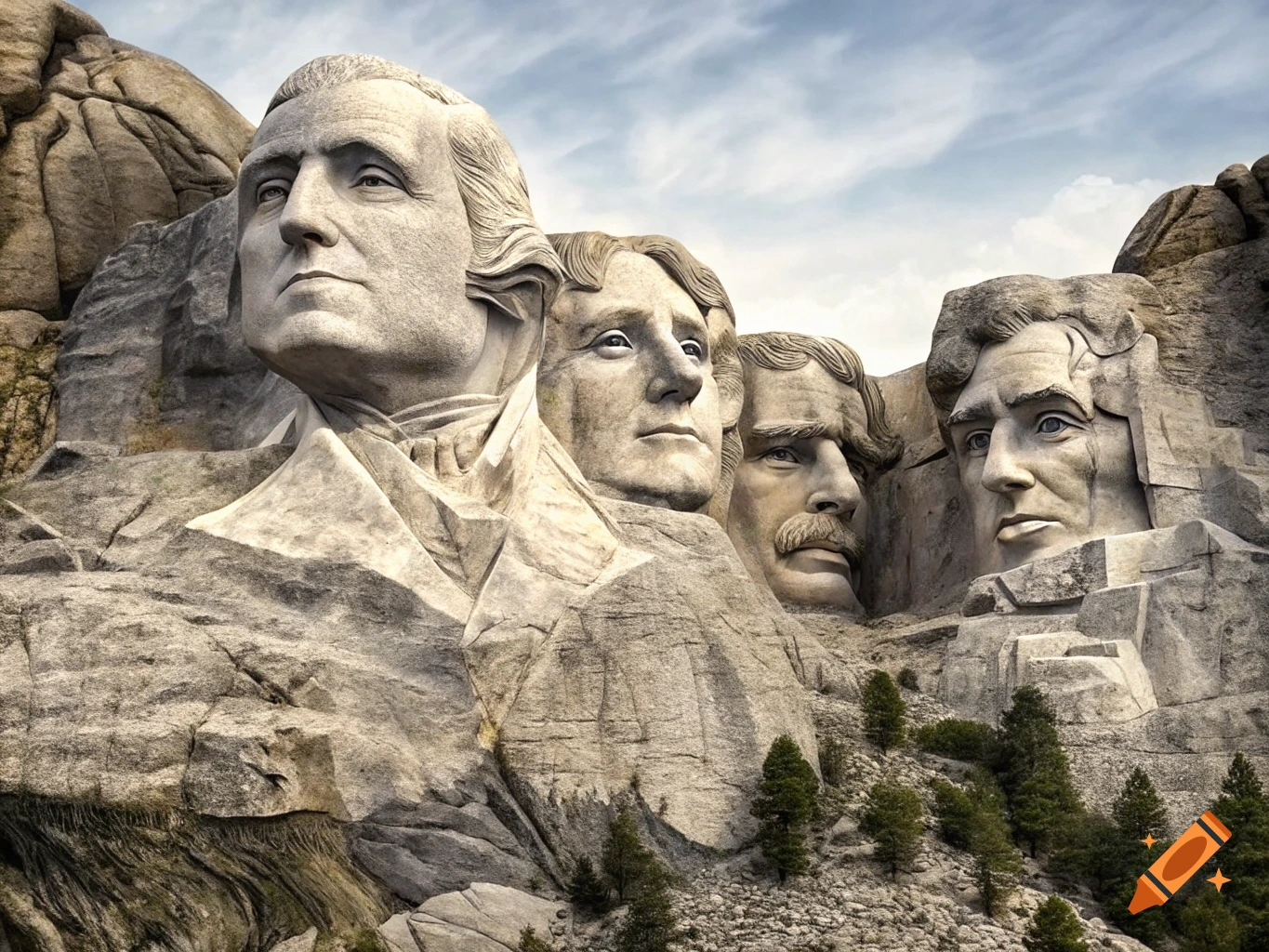 Mount Rushmore monument featuring carved faces of four presidents on a mountain