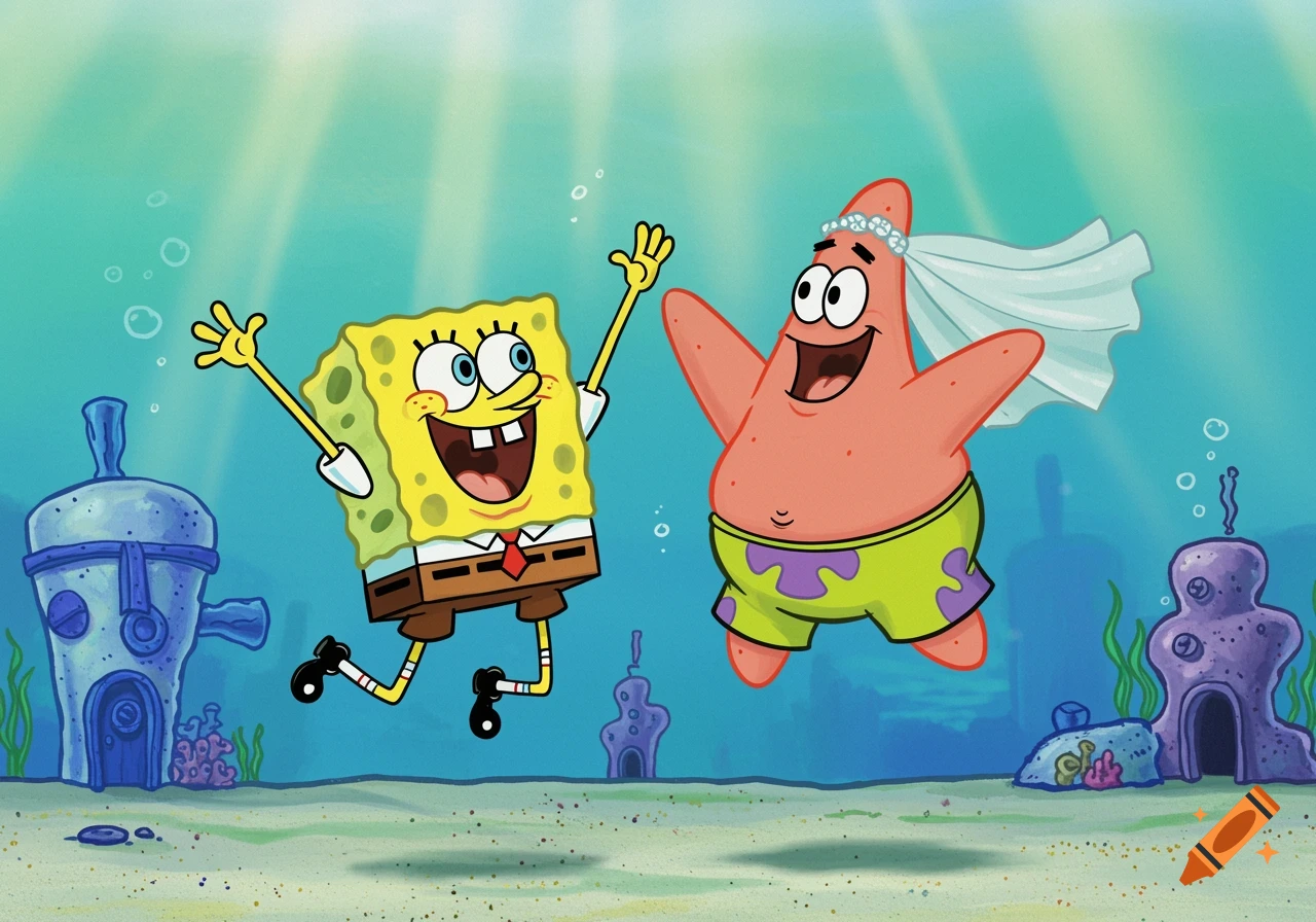 Spongebob and Patrick jump high-fiving underwater; Patrick wears a wedding veil.