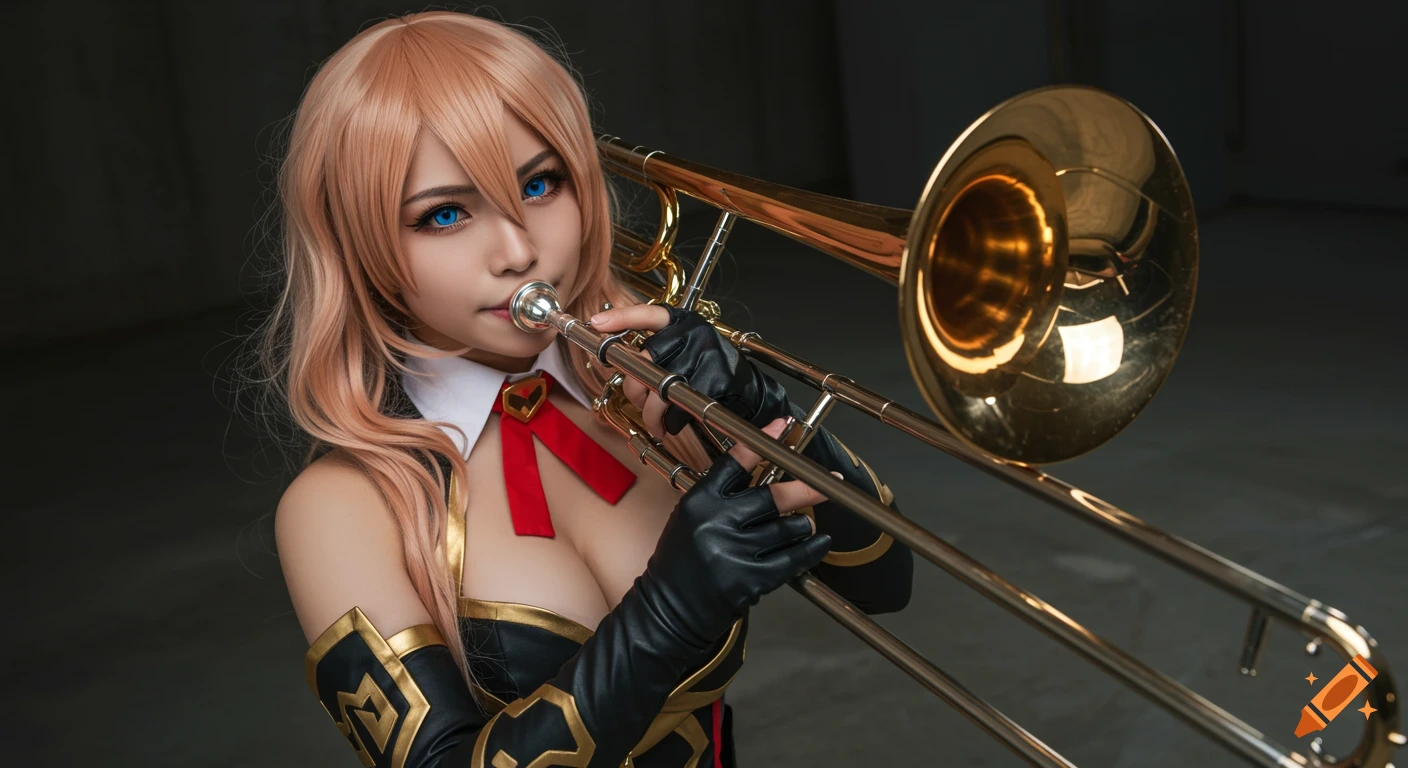 A woman in a black and gold cosplay costume with a white collar and red ribbons plays a trombone.