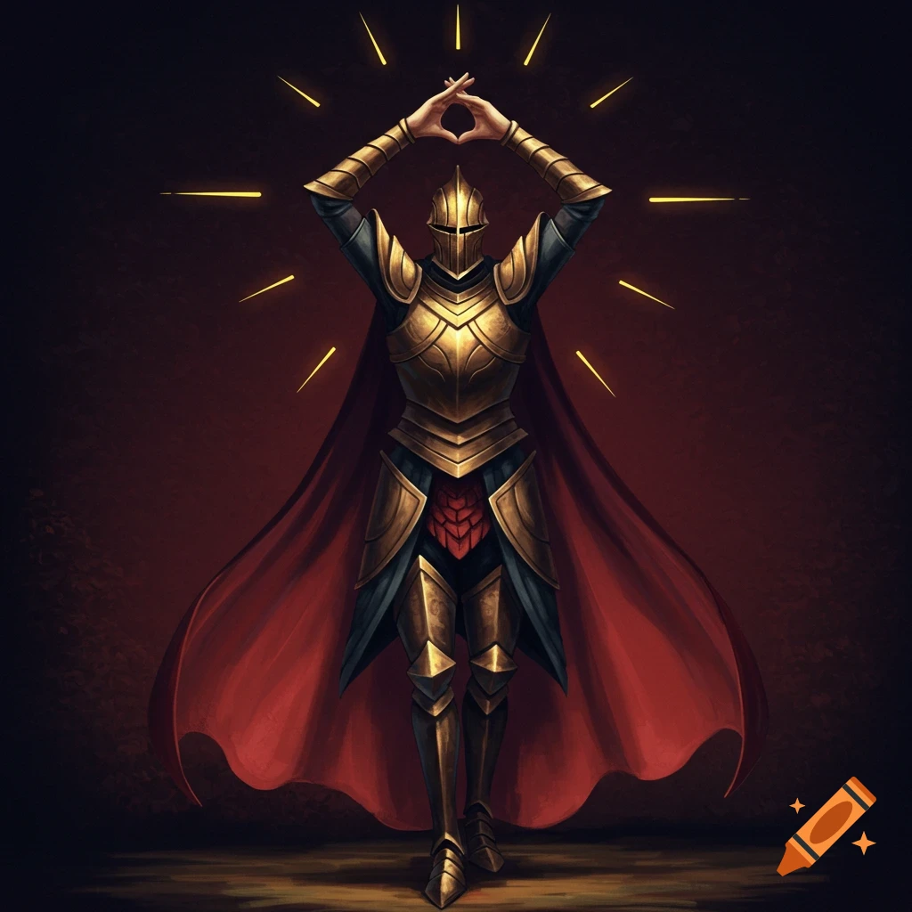 Golden armored knight with red cape making a sun shape with hands, illustration.