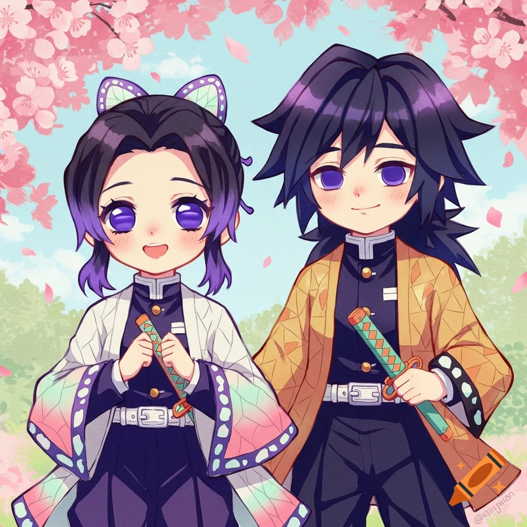 Cute anime characters from Demon Slayer, Shinobu and Giyu, stand under cherry blossoms.