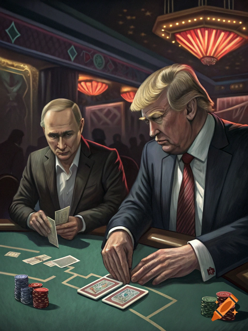Vladimir Putin and Donald Trump play cards at a casino table.