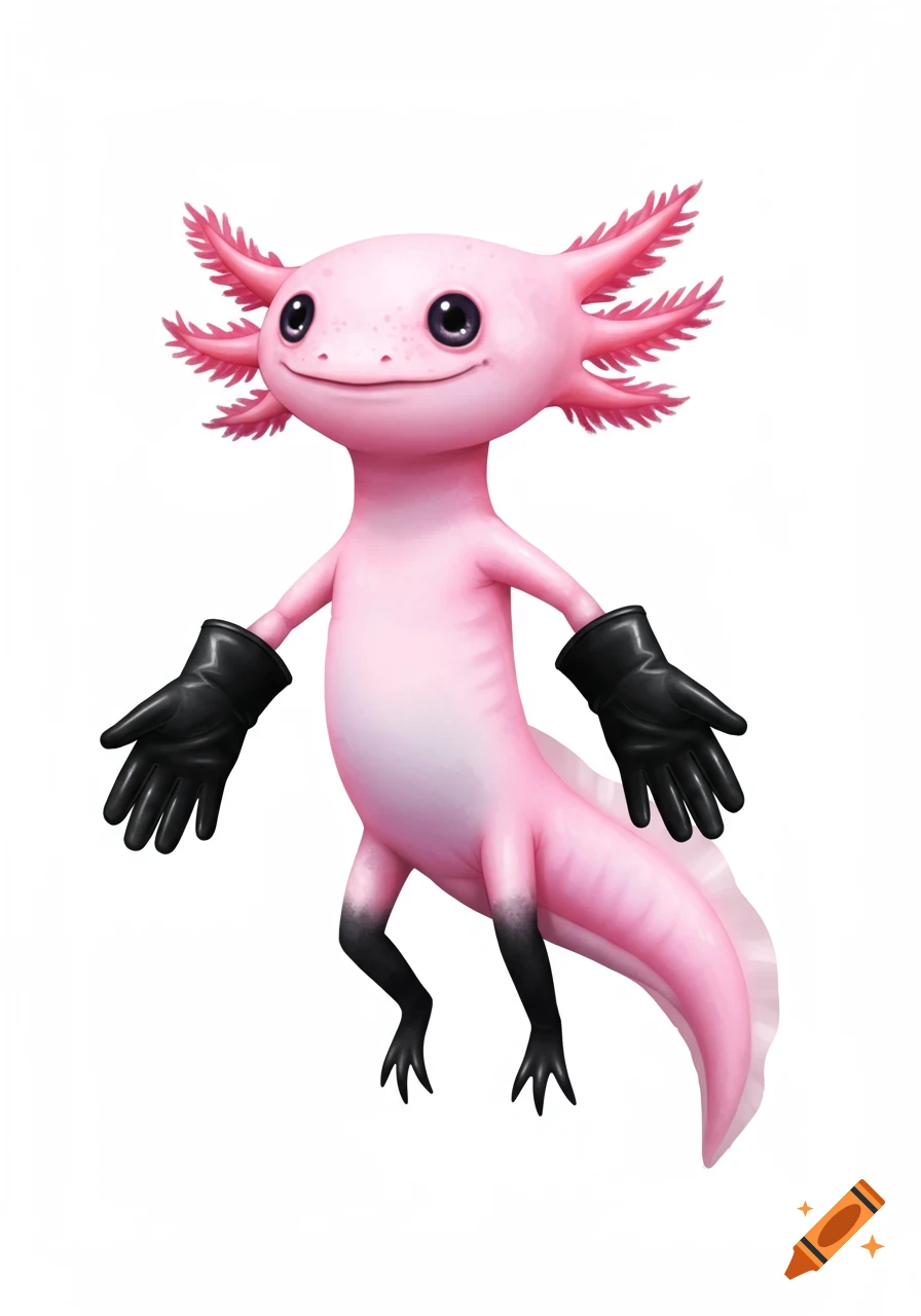 A cute pink axolotl character with black legs and floating black gloves.