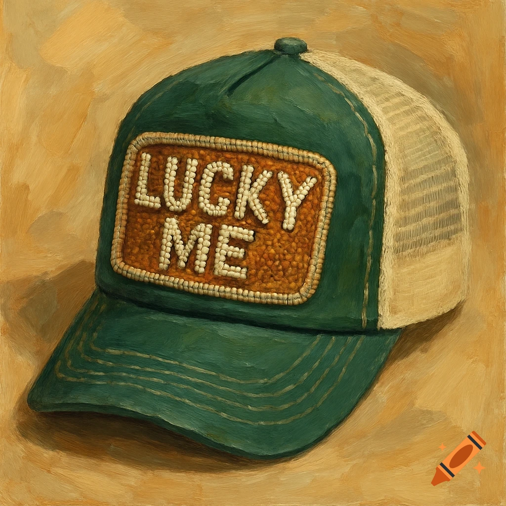 A green trucker hat with a beaded patch that says LUCKY ME. Painterly style.