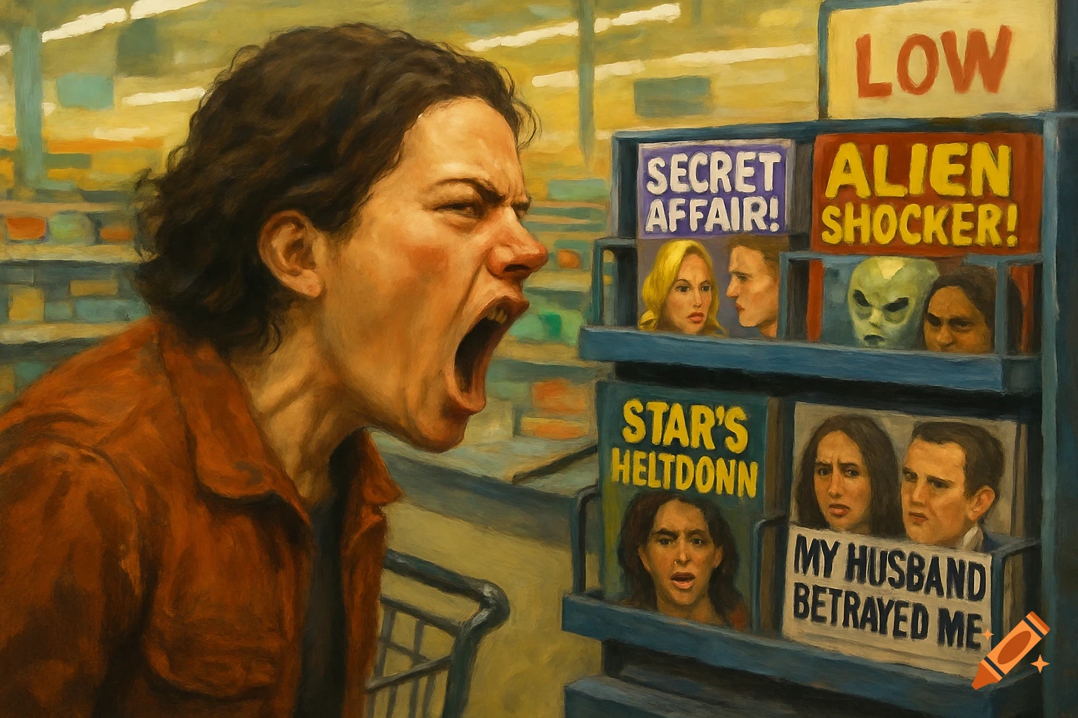 Painting of a person yelling angrily at a rack of tabloid magazines in a grocery store checkout line.