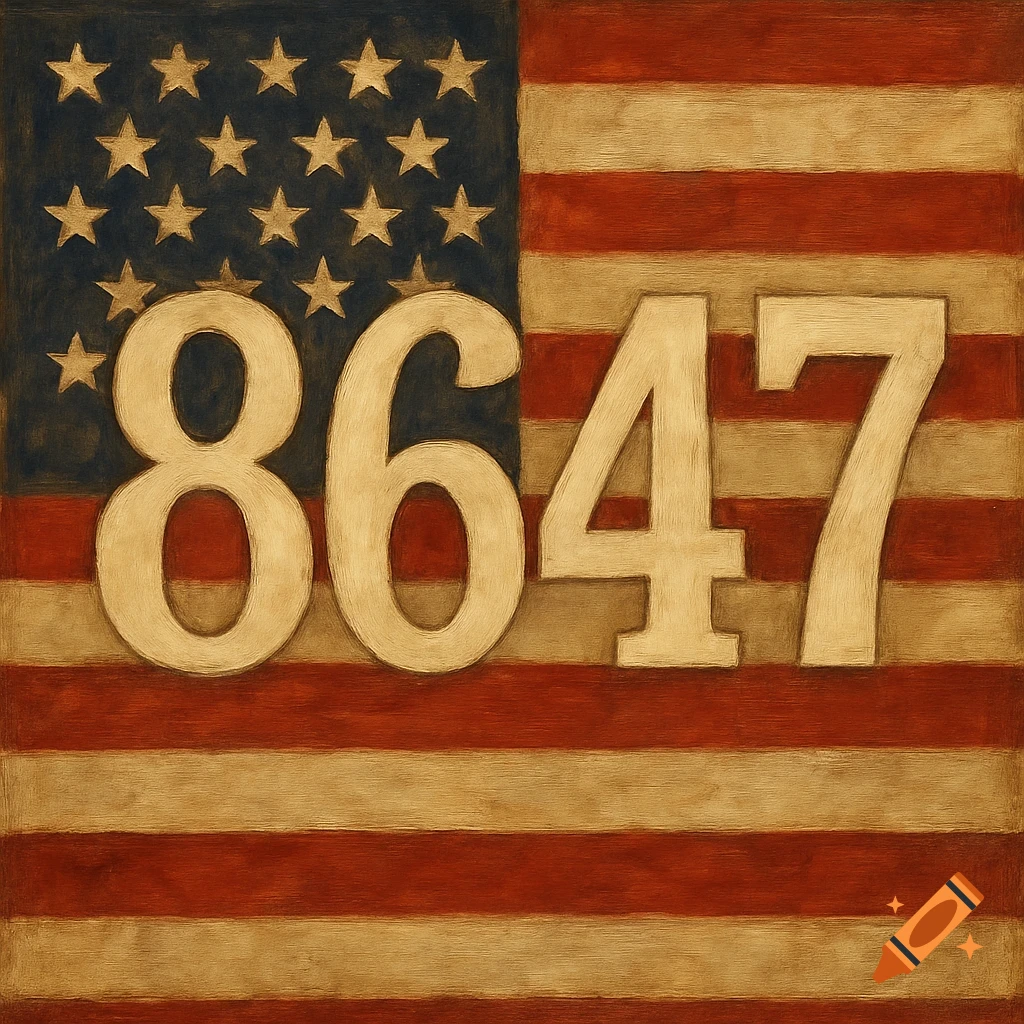 Vintage painting of the numbers 8647 superimposed on a distressed US flag.