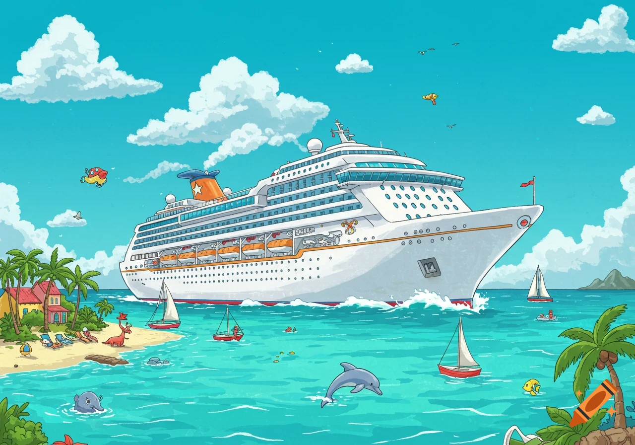 A cartoon cruise ship sails past a tropical island beach with palm trees and vacationers.