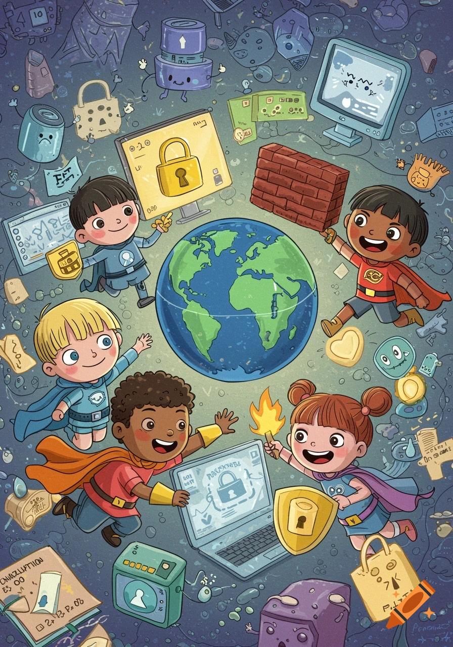Cartoon illustration of diverse kids in superhero costumes flying around a globe, surrounded by computer and data security icons.