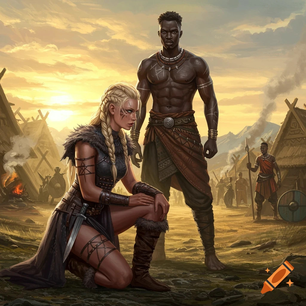 A muscular Black man stands over a kneeling blonde Viking woman in a village at sunset.