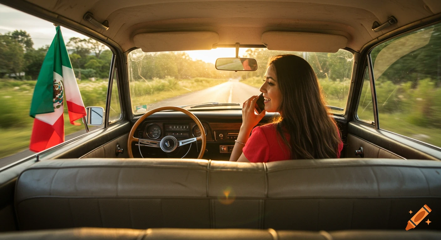 Woman driving a classic car with a Mexican flag, talking on the phone during a road trip at sunset.
