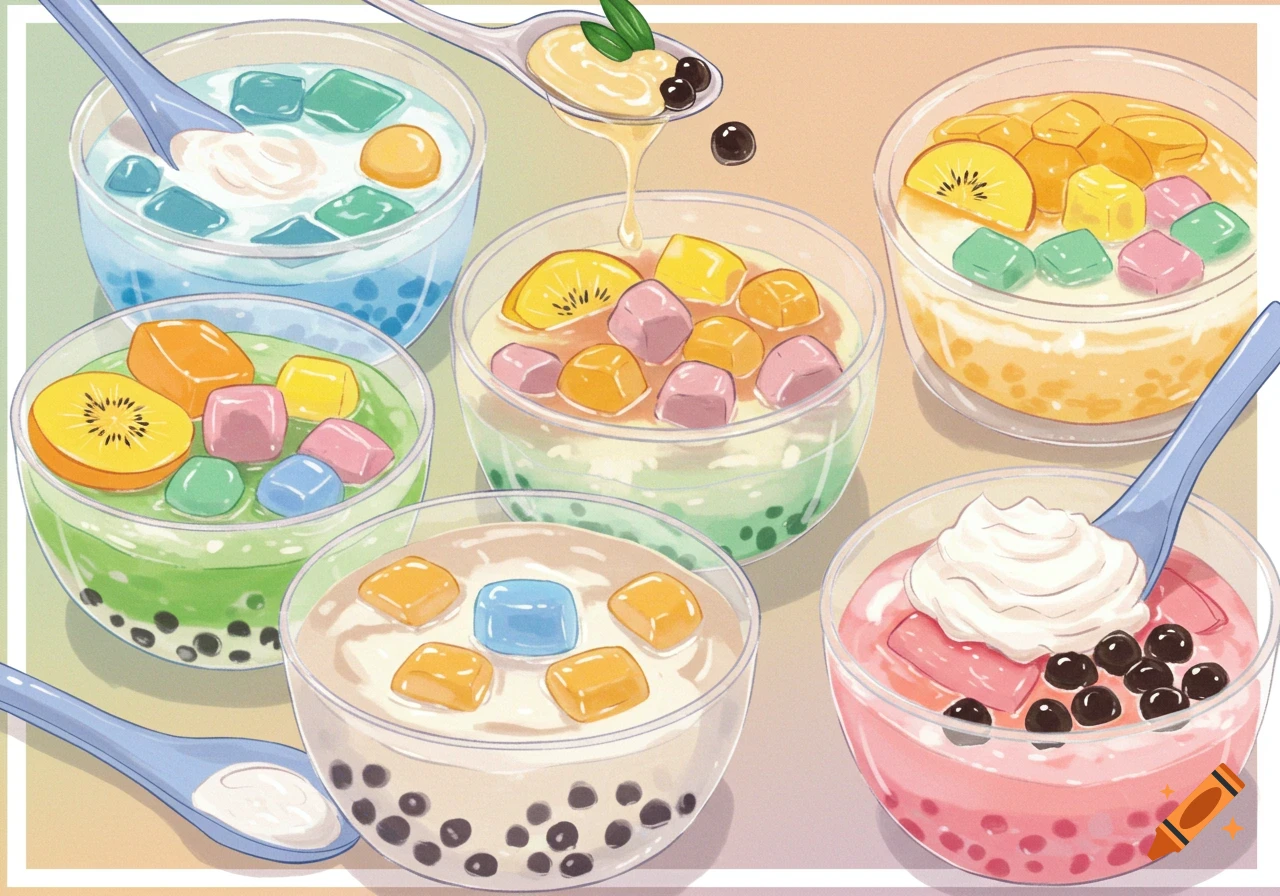 Illustration of colorful Vietnamese desserts in bowls with fruit, jelly, and boba pearls