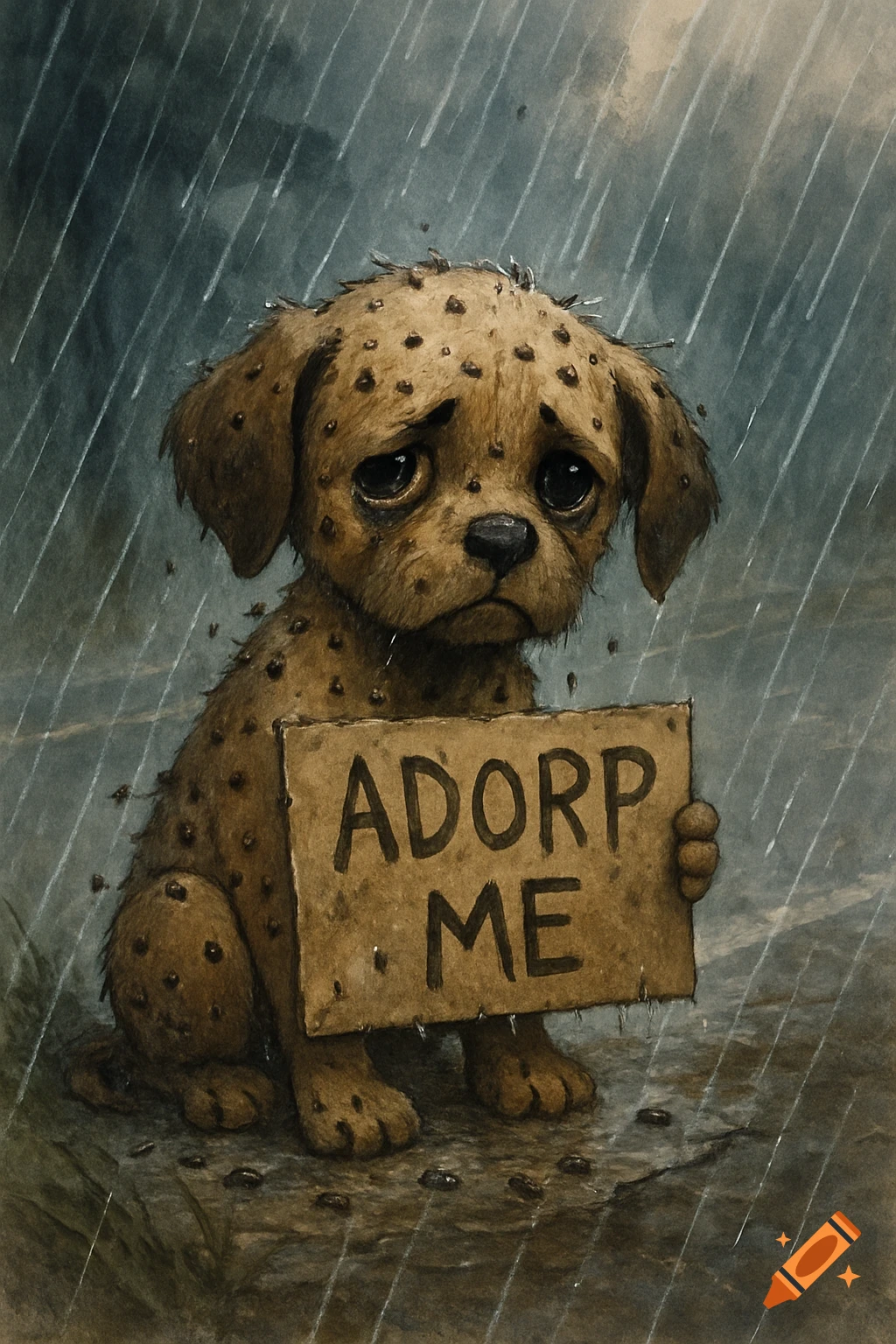 Sad puppy covered in fleas sits in the rain holding an 'ADORP ME' sign, watercolor style.