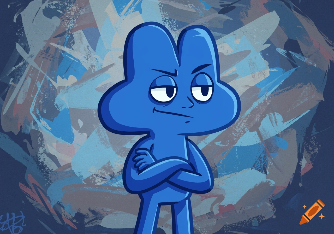 Cartoon blue character shaped like the number four, smirking with arms crossed, against an abstract background.