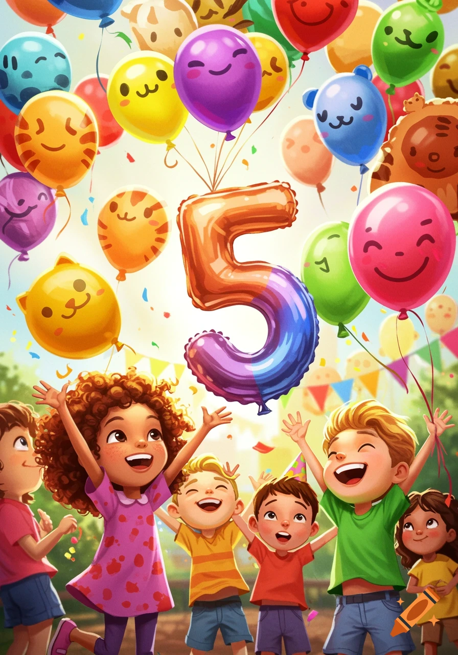 Cartoon illustration of happy kids cheering around a large number 5 balloon at a birthday party with character balloons and confetti.