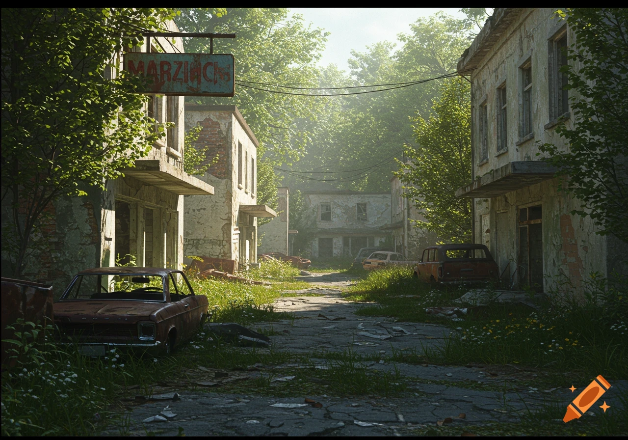 An overgrown street in an abandoned town, with dilapidated buildings and rusted cars covered in vines and weeds.