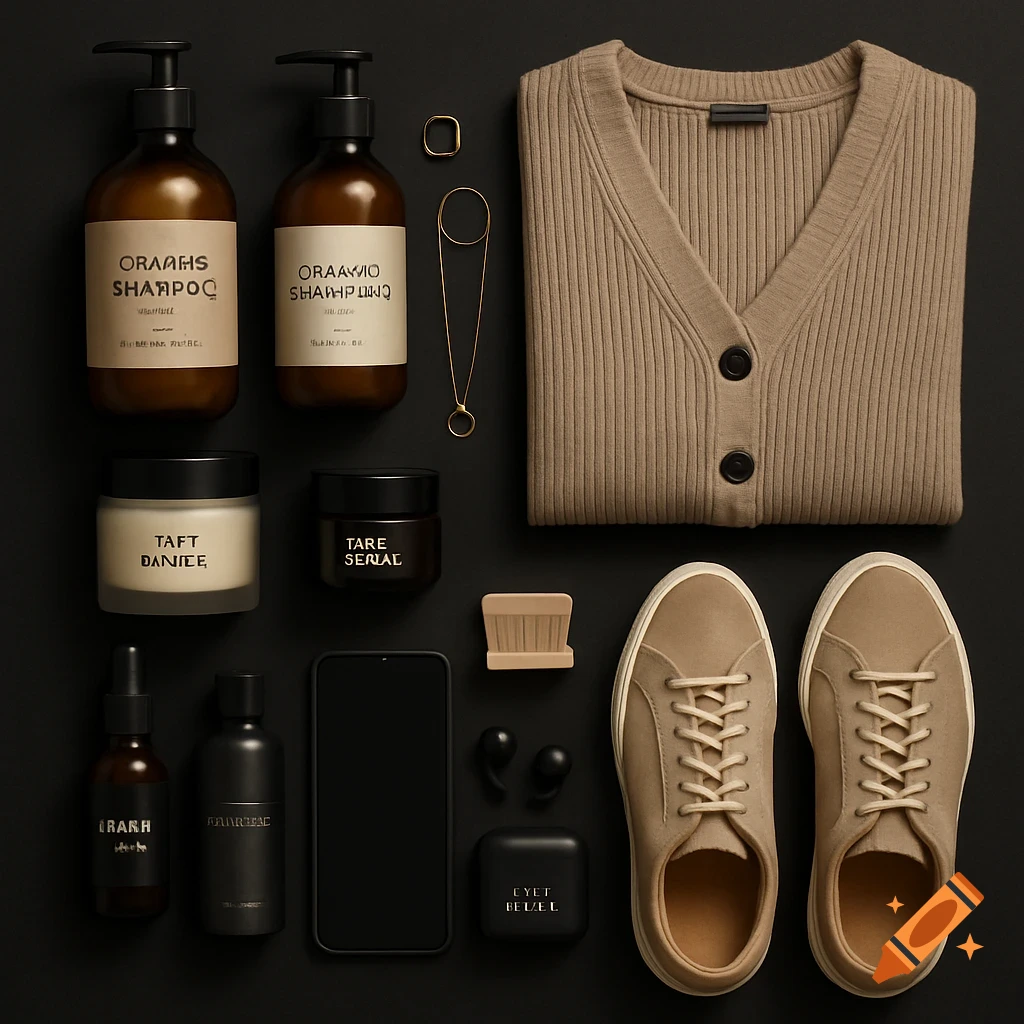 Flat lay of lifestyle products: bottles, jars, cardigan, sneakers, phone, earbuds, jewelry on black.