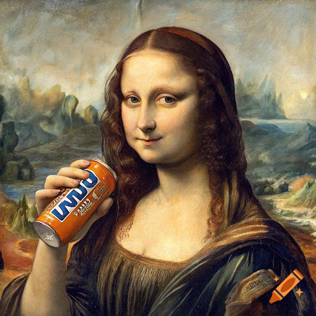 Mona Lisa holding a can of soda, painted portrait