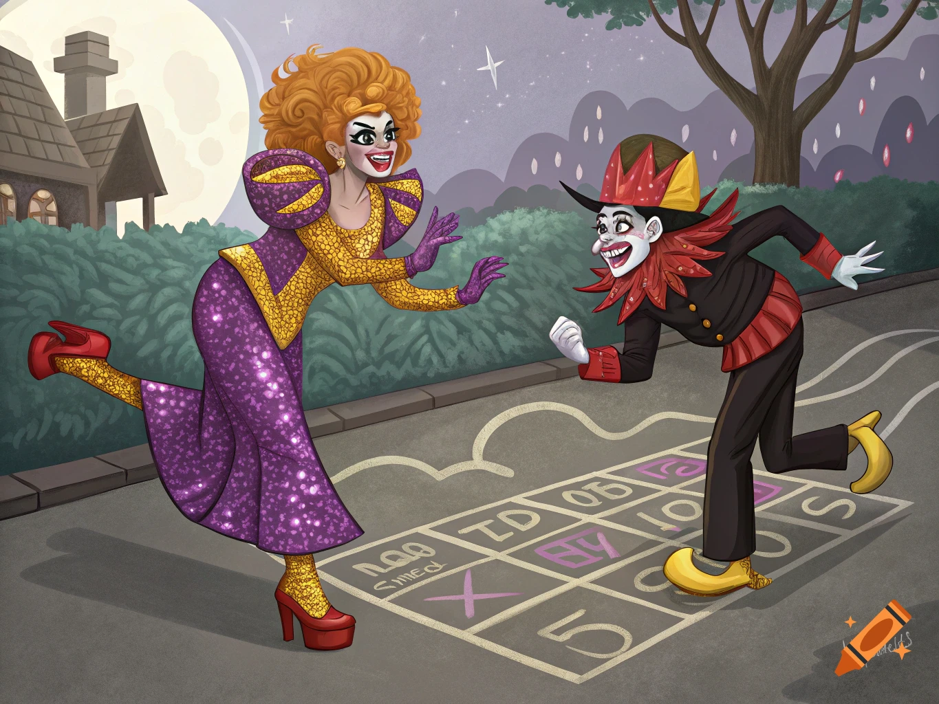 Illustration of a drag queen and a jester playing hopscotch at night.