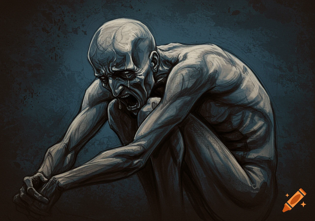 Drawing of a gaunt person curled up, crying in agony.