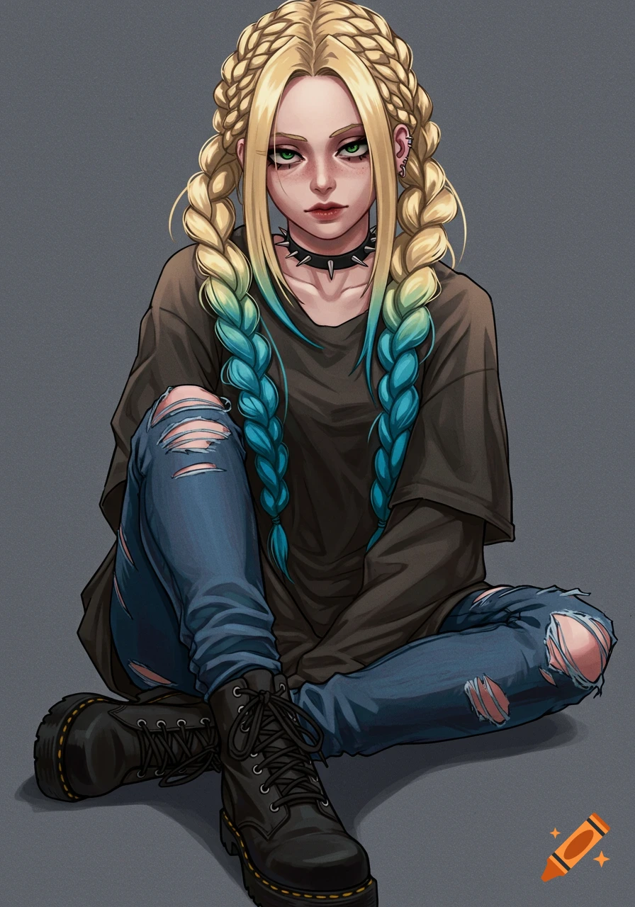 Anime portrait of a girl with blonde and blue braids, green eyes, wearing grunge clothes