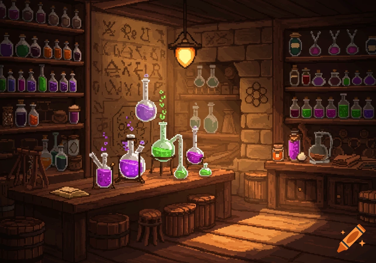 A pixelated image of an alchemy lab with shelves full of colorful potions and bubbling beakers on a wooden table.