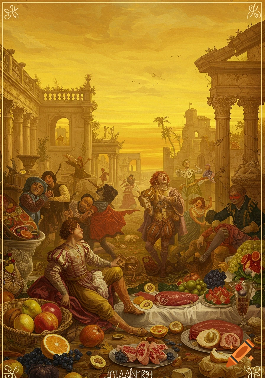 A group of people feasting and celebrating among classical ruins in a detailed, golden-toned painterly style.