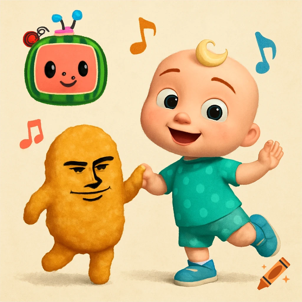 Cartoon baby dances with chicken nugget meme character. Musical notes, Cocomelon logo.